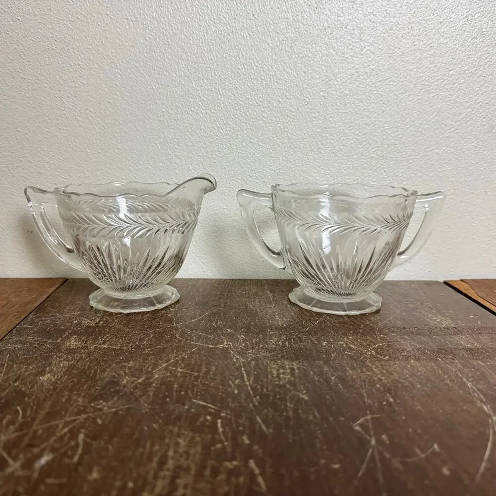 Vintage Jeanette Sunburst Pressed Clear Glass‎ open Sugar and Creamer Set
